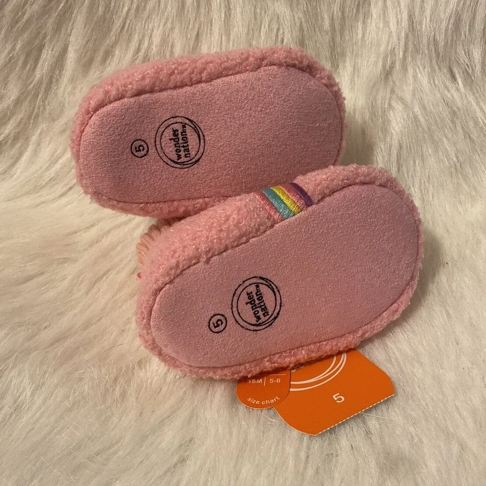 Wonder Nation Slippers Girls Size 5 Pink Fuzzy Rainbow Bootie Shoes NEW